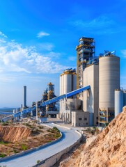 Obraz premium Industrial cement factory with silos and conveyor belt under a clear blue sky in a mountainous landscape