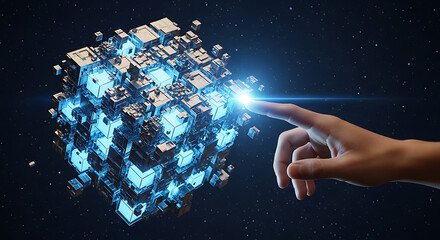 Human finger touching a luminous cubic structure, symbolizing connection to a global network and digital transformation.