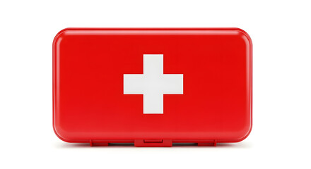 Fototapeta premium Red first aid kit box with a white cross symbol on its surface, isolated on a white background.