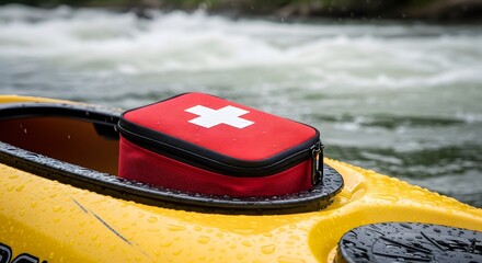 Fototapeta premium Essential first-aid kit secured on a yellow kayak ready for adventurous river rafting and water sports safety preparedness