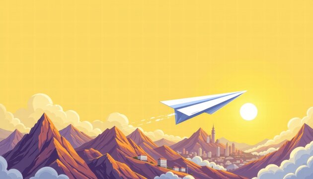 Bright morning scene with paper airplane soa over colorful mountain range under clear sky and shining sun, inspirational travel and adventure concept artwork