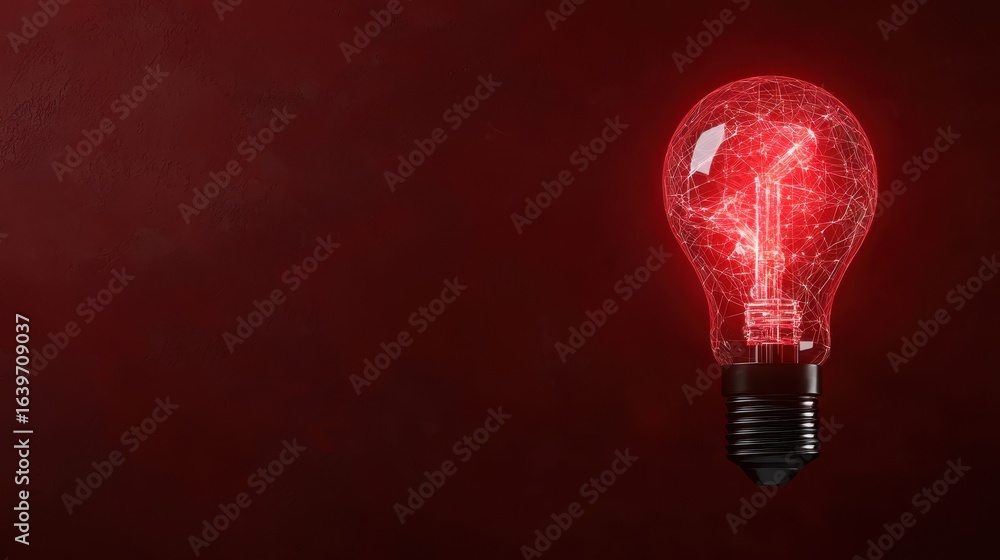 Poster red light bulb with abstract network design on dark background