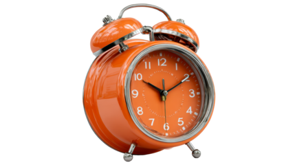 Vintage Style Orange Twin Bell Alarm Clock with Chrome Accents PNG
