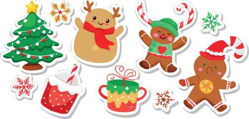 Naklejka premium Cute set of Christmas and New Year celebration vector icons with Santa Claus, snowman, gift, tree, and other holiday decorations