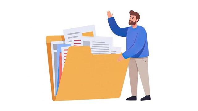 Man Putting Documents into Office Folder on White Background