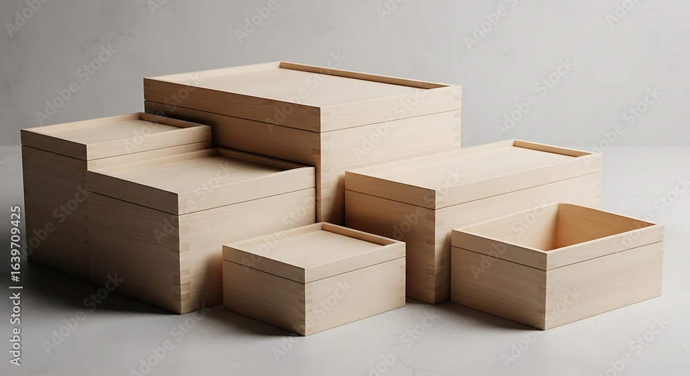 Poster elegant and minimalist display of wooden boxes in various sizes for storage solutions