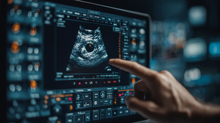 A sonographer analyzes an ultrasound image on a high-tech monitor, pointing out details and measurements.