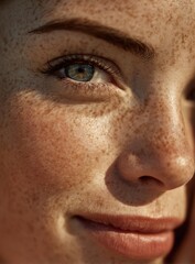 Naklejka premium Close-up shot of a person's face, emphasizing the eye, nose, and lips, with a focus on the skin's texture and the play of light and shadow across the features.