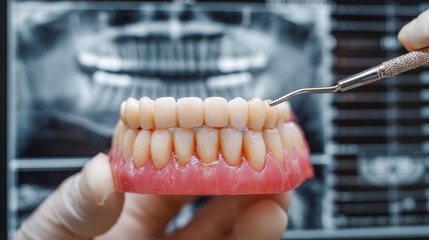 A dentist holding a set of dentures with a dental tool, with an X-ray of teeth in the background.