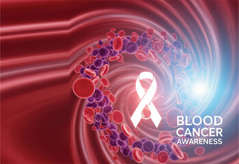 September, blood cancer awareness month, design on a red background. Virus infected blood cells, poster or banner for media and web.