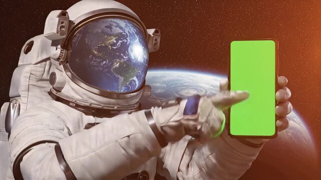 Astronaut in space holding a smartphone with a green screen near earth