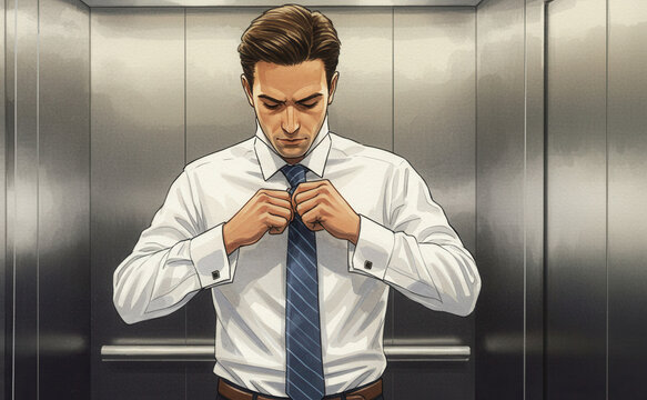 Young man tying tie in elevator, dressed in formal attire - Powered by Adobe