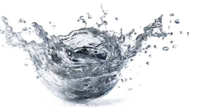 Dynamic splash of clear liquid with suspended droplets and waves frozen mid-action