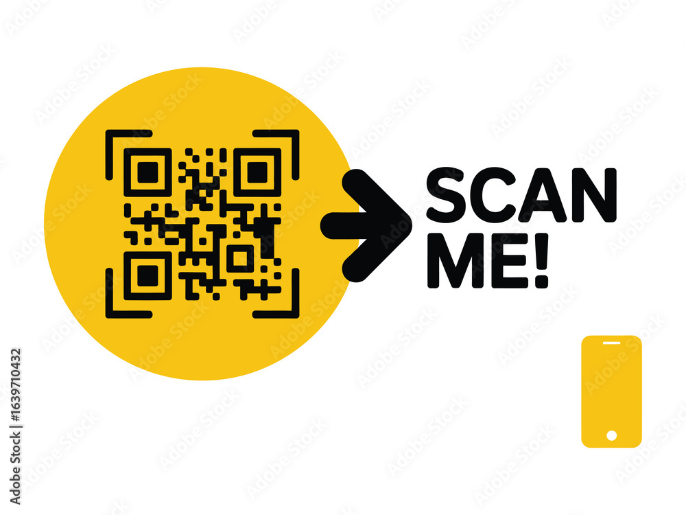 Aufkleber yellow circular 'scan me' qr code sign with an arrow and smartphone icon. a digital call to action f