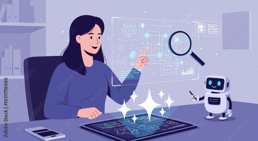Poster analyzing digital data with ai, woman exploring a virtual landscape with robot