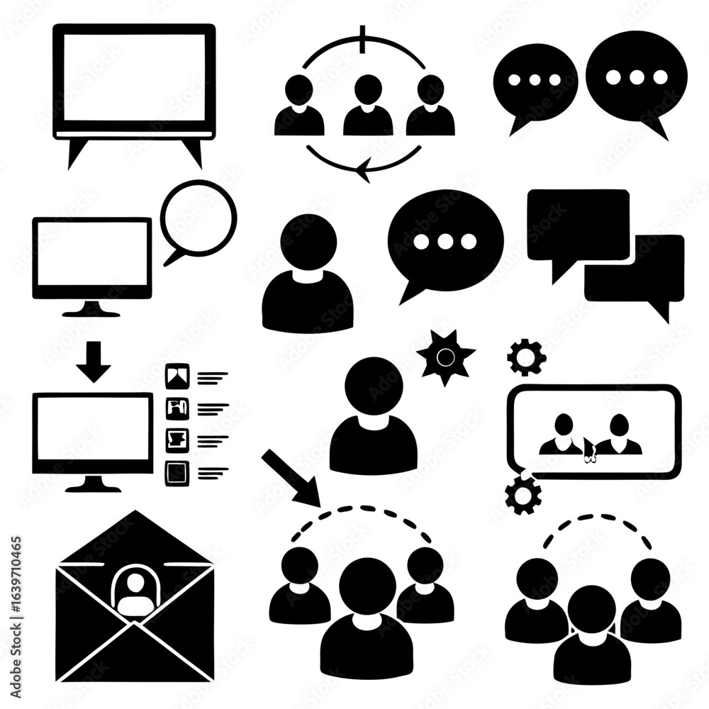 Poster collection of black and white icons representing communication collaboration and workflow processes