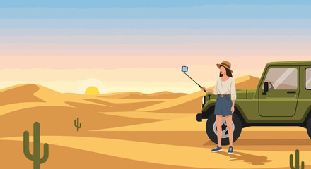 Adventurous woman capturing desert memories with her camera and off-road vehicle