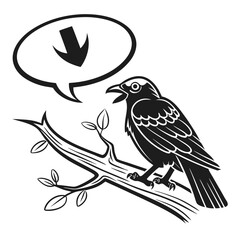 A black and white illustration of a crow perched on a branch with a speech bubble containing a downward pointing arrow