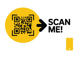 Yellow circular 'Scan Me' QR code sign with an arrow and smartphone icon. A digital call to action for quick mobile access.