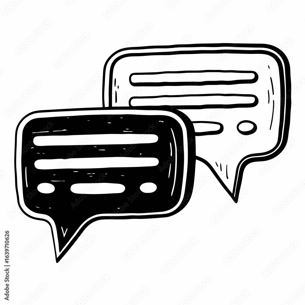 Aufkleber hand drawn black and white illustration of two overlapping speech bubbles with text lines and dots s