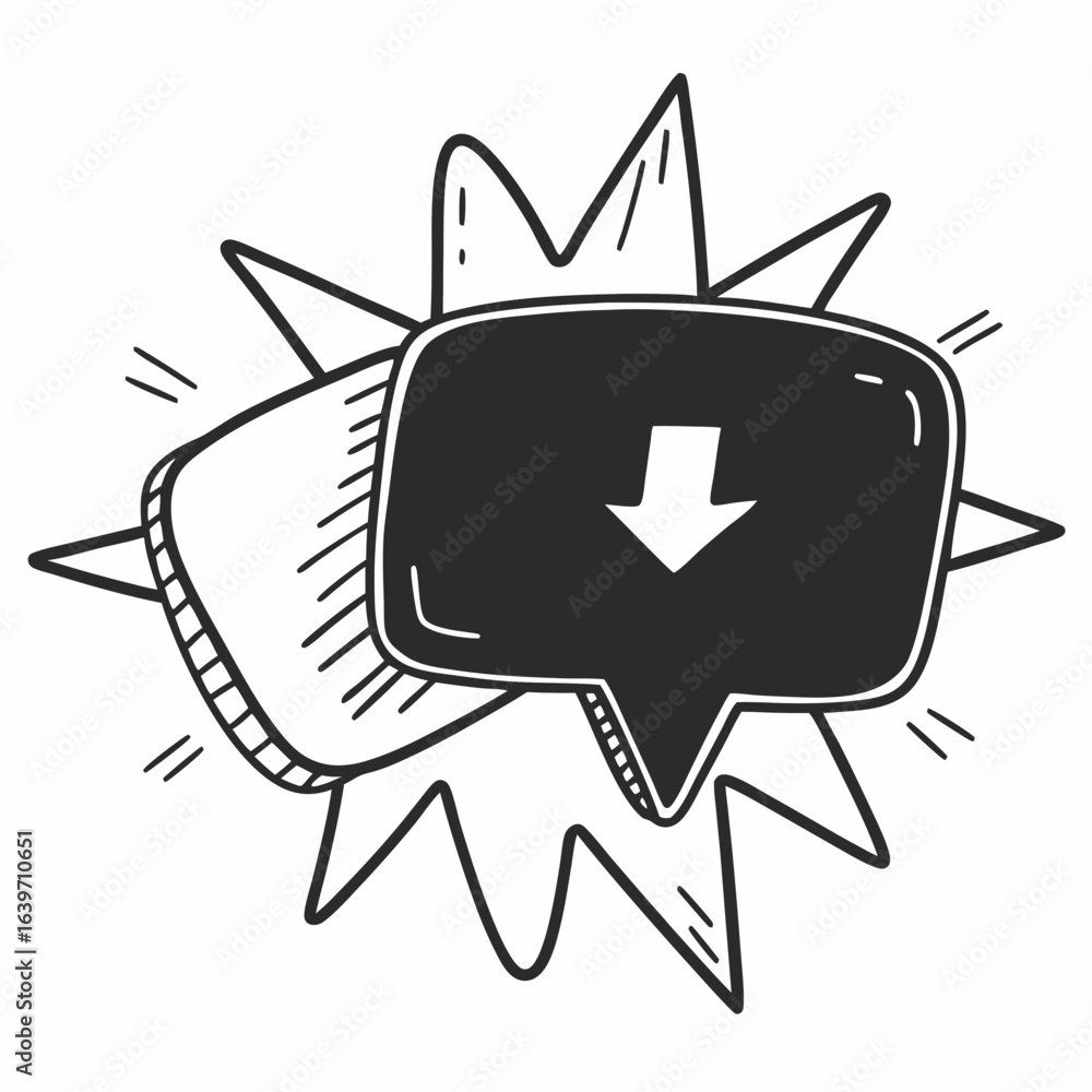 Poster hand drawn sketch of a speech bubble with a down arrow inside and a starburst explosion behind it