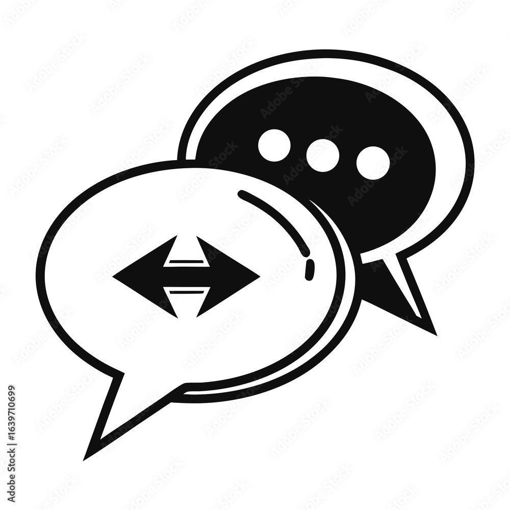 Aufkleber two overlapping black and white speech bubbles with a bidirectional arrow symbol and ellipsis indica