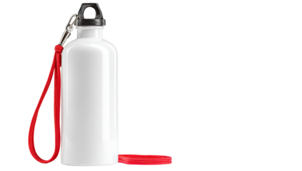White metal water bottle with red strap.  A cylindrical, blank white metal water bottle. A red carrying strap is attached. A black cap tops the bottle