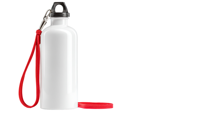 White metal water bottle with red strap.  A cylindrical, blank white metal water bottle. A red carrying strap is attached. A black cap tops the bottle