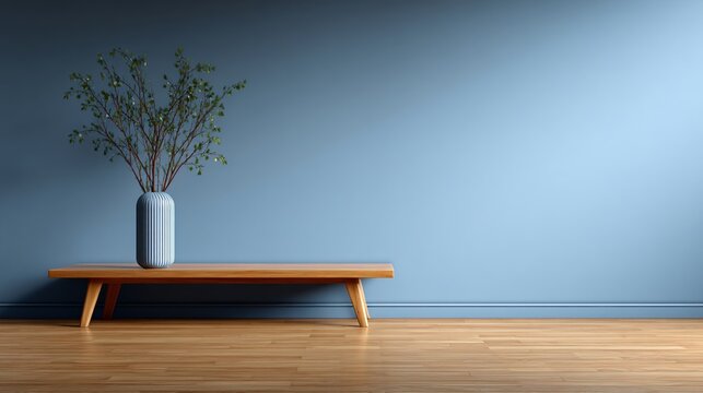 Wooden desk in cozy living room with empty central space for product display.