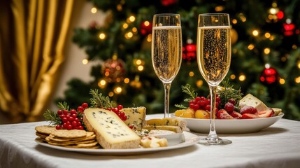 Christmas Dinner Setting with Champagne, Appetizers, and Festive Decorations on holidays New Year celebration