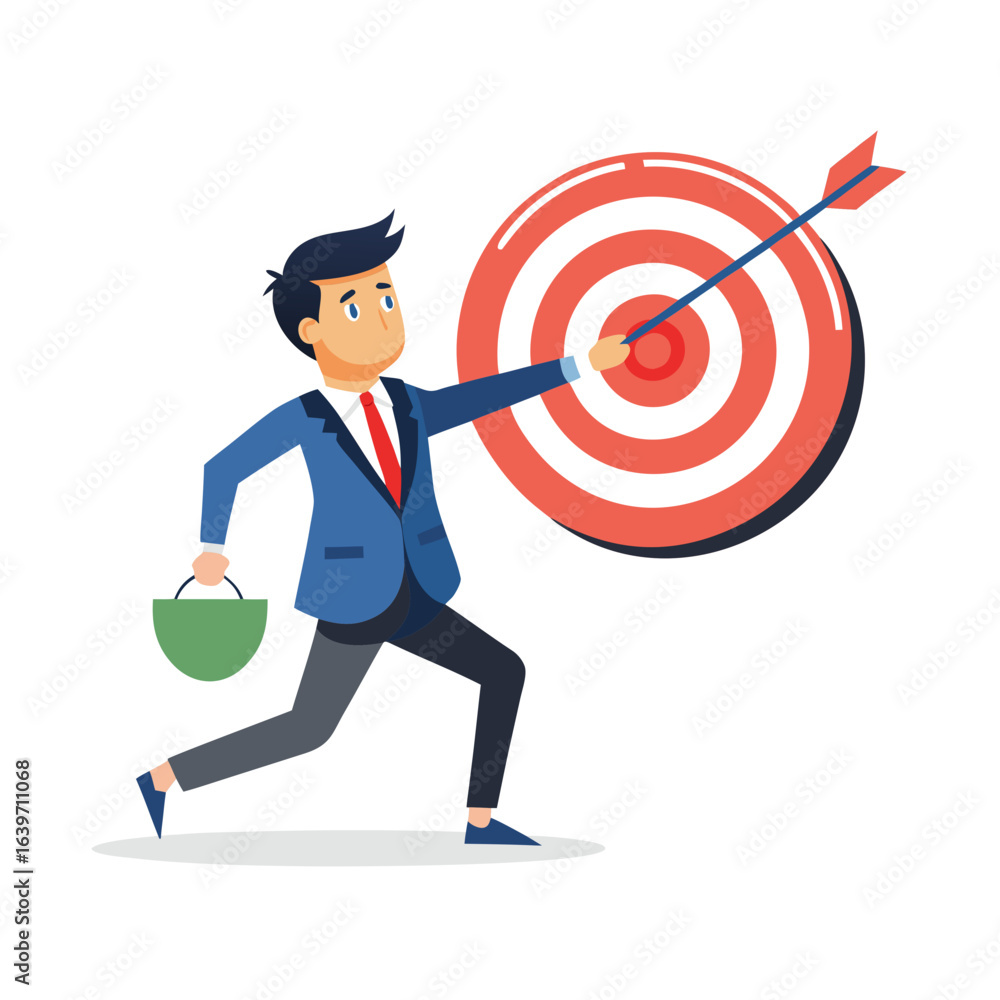 Poster Determined businessman in a suit running towards a target with an arrow hitting the bullseye while holding a bucket