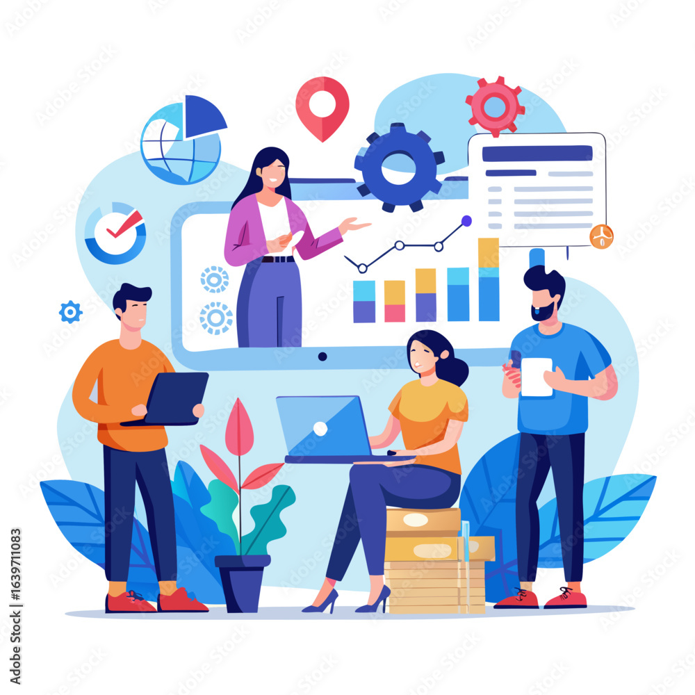 Poster Diverse team collaborating on a digital presentation with charts graphs and gears symbolizing business strategy and planning