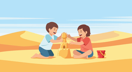 Children building a sandcastle at the beach with blue sky background