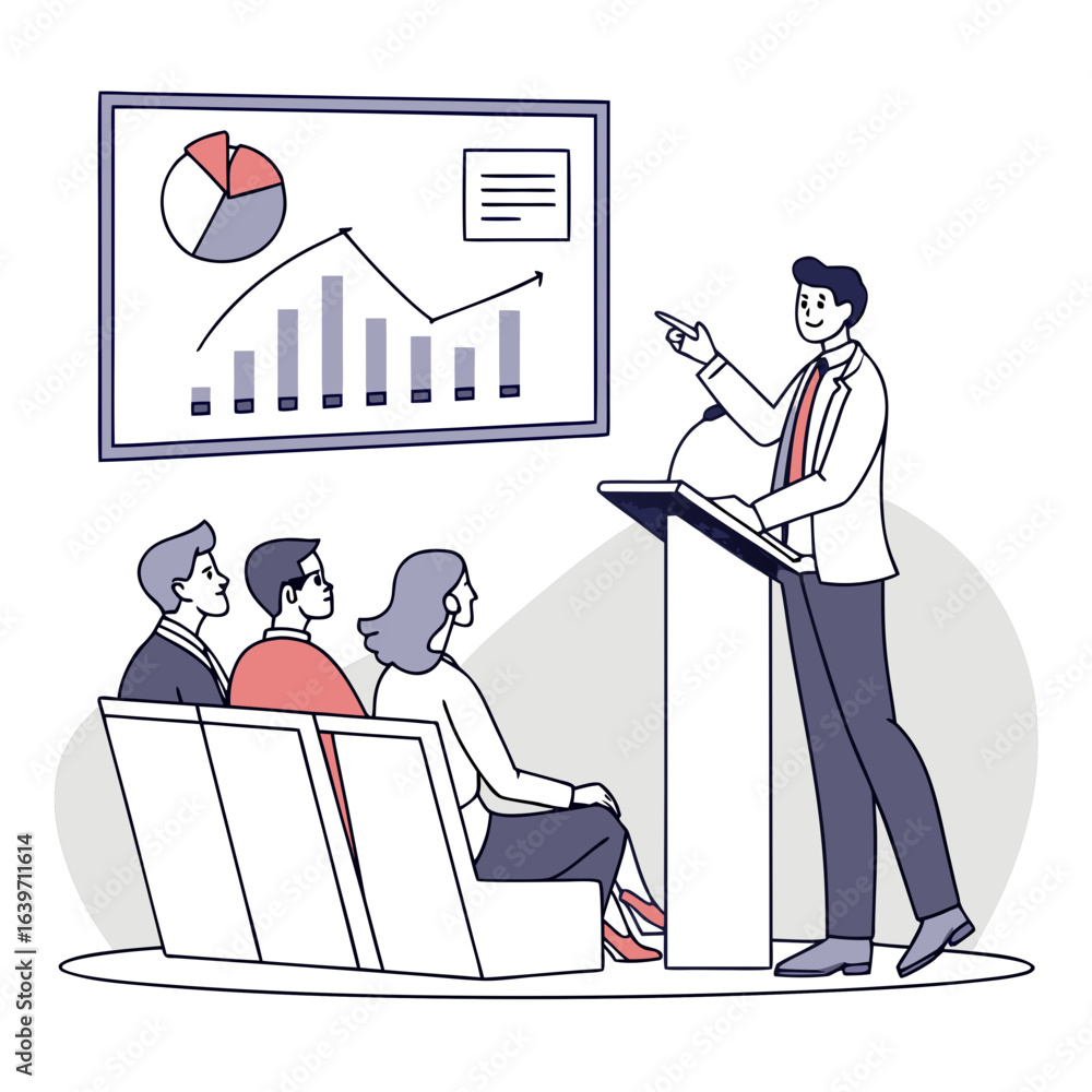 Aufkleber man giving presentation with charts and graphs to an audience sitting in chairs