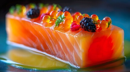 Fresh salmon sashimi with fish roe and berries gourmet presentation