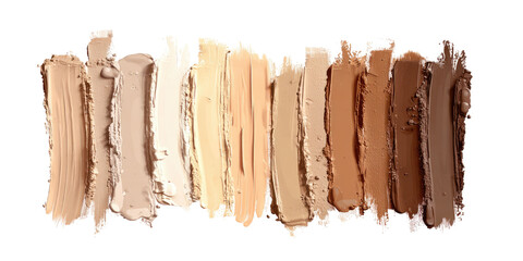 A variety of foundation shades displayed in smeared swatches