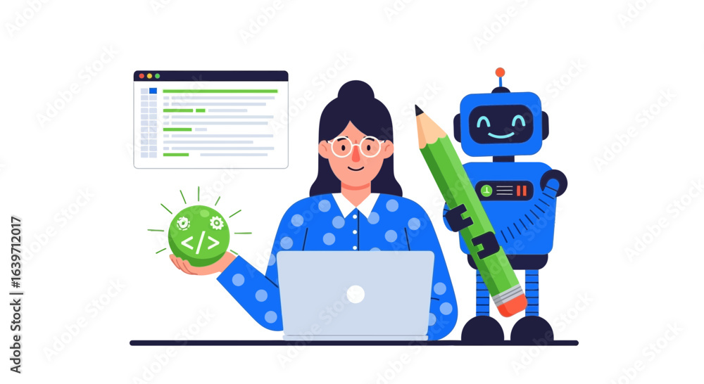Poster creative technology partnership, human developer, robot assistant and coding sphere