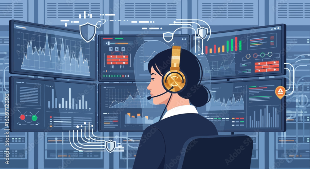 Poster cybersecurity analyst overseeing network security operation on multiple screens