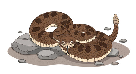 Fototapeta premium Coiled Rattlesnake Illustration with Diamond Patterns on Rocks and Ground