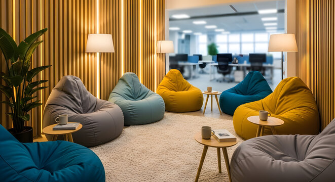 Vibrant office relaxation zone with colorful beanbag chairs offers a contemporary and flexible workspace for employees to unwind and recharge in a modern open-plan office environment