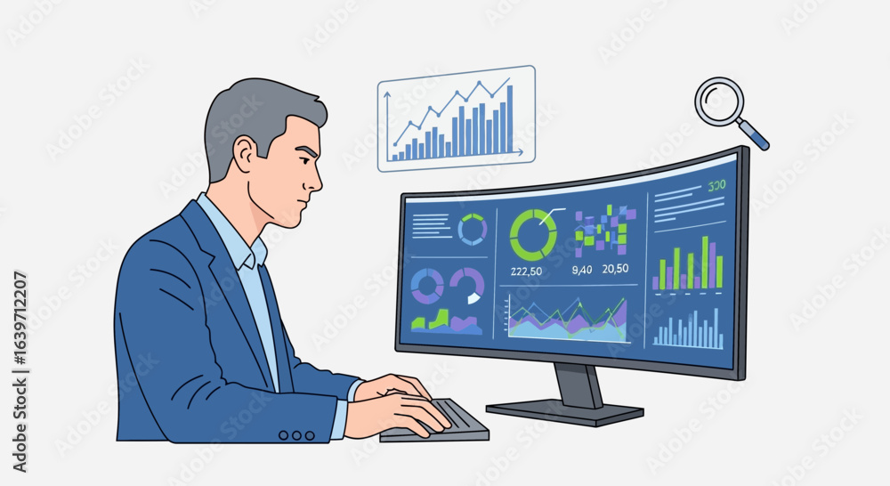 Poster data analysis illustration showing a man working with graphical interface