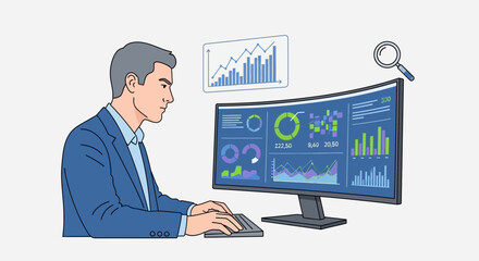 Data analysis illustration showing a man working with graphical interface