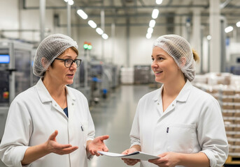 Two female workers in white coats and hairnets are having a conversation in a food production factory with machinery in the background