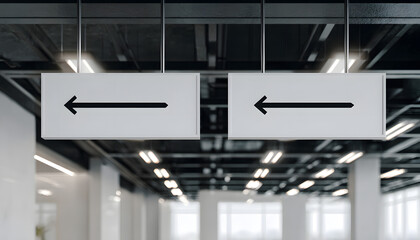 Clean indoor wayfinding signs mockup for modern office spaces. Features minimalist directional signage with arrows indicating left, right paths. Contemporary design facilitates navigation in bright,