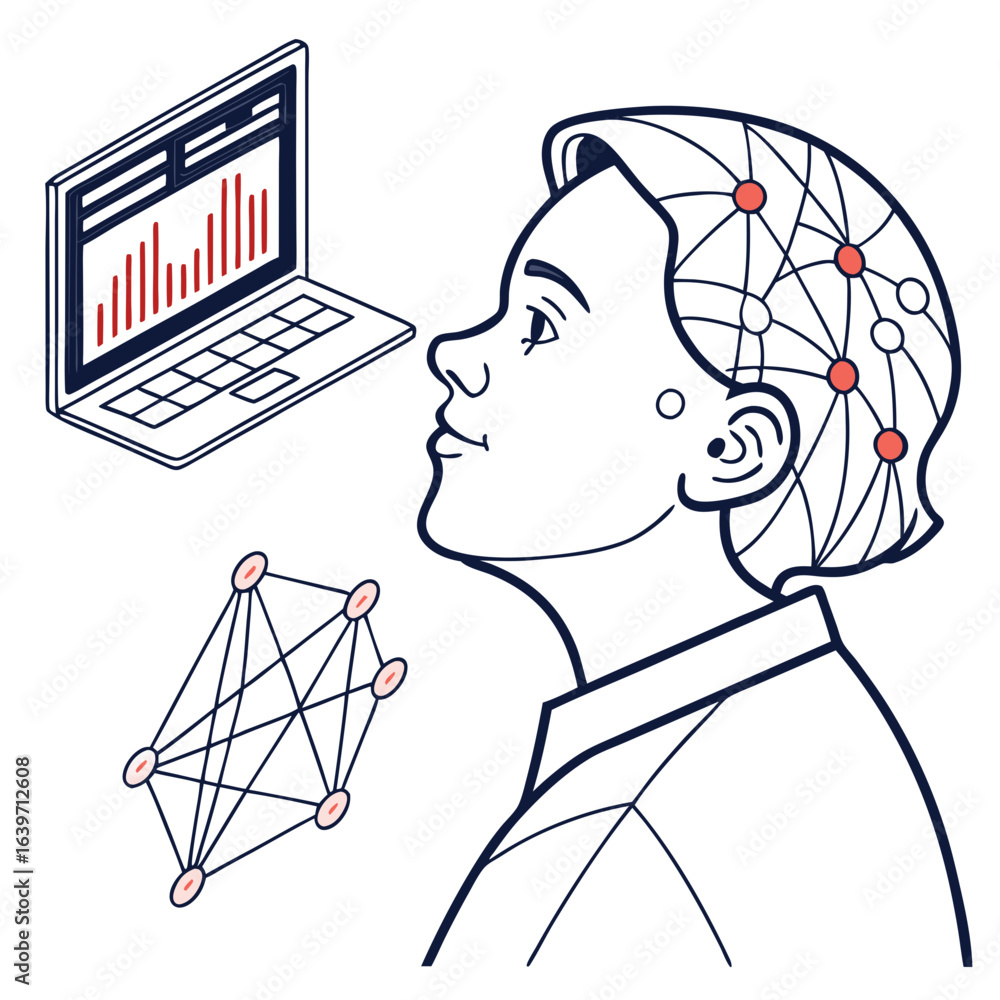 Aufkleber person with neural network visualization in head looking at laptop displaying a financial graph and 