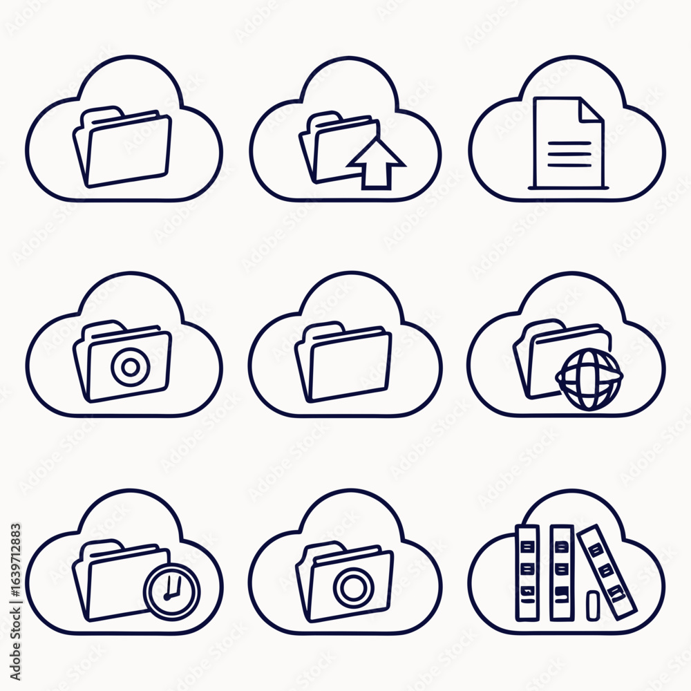 Poster collection of thin line icons representing cloud storage services and data organization concepts