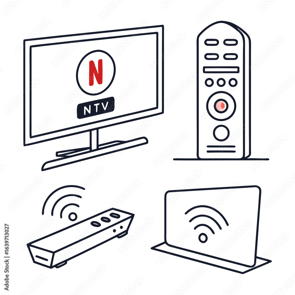 Poster modern television set with remote controls and wireless signal icon on screen symbolizing entertainm