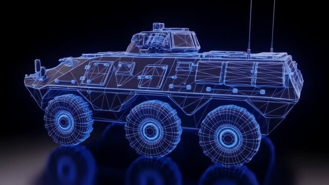 Wireframe Armored Personnel Carrier - Digital video - A digital video of an armored personnel carrier (APC) depicted as a wireframe model, illuminated with a bright blue light against a dark
