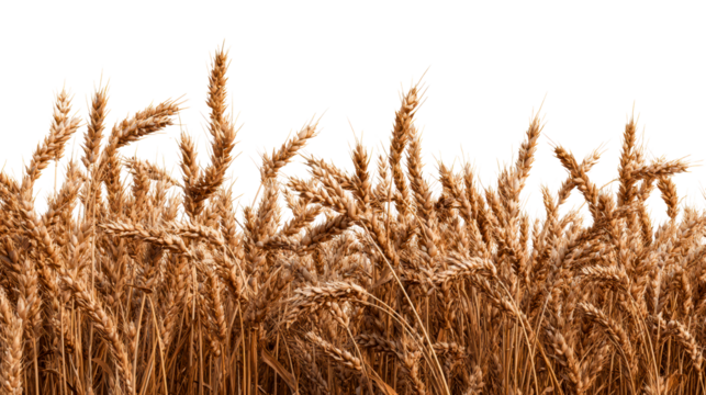 Golden wheat stalks with detailed ears of grain on transparent background