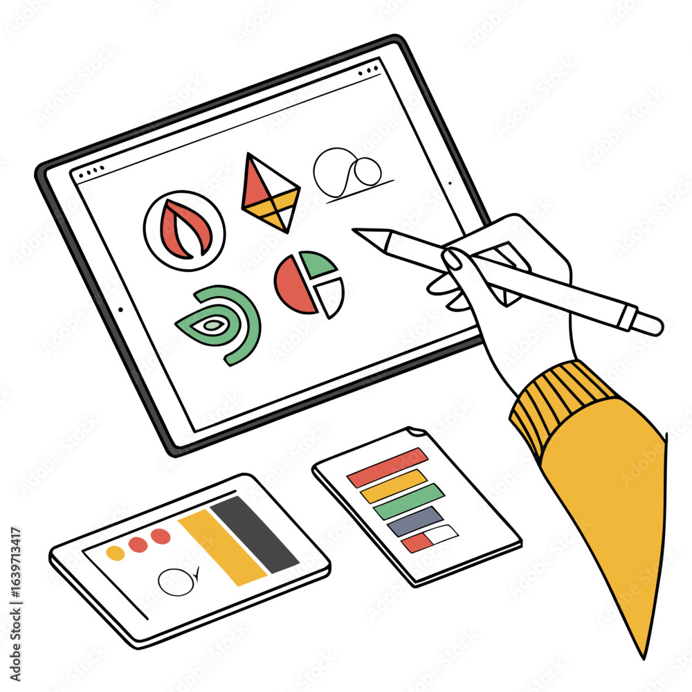 Poster graphic designer using a stylus on a tablet to create logos and branding concepts with supporting de